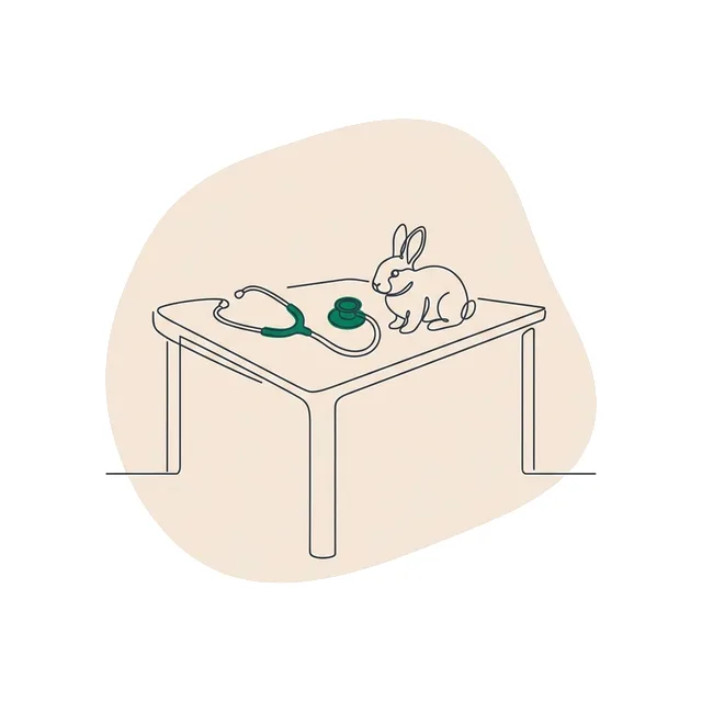 Table d’examen vétérinaire avec un stéthoscope et un petit lapin assis