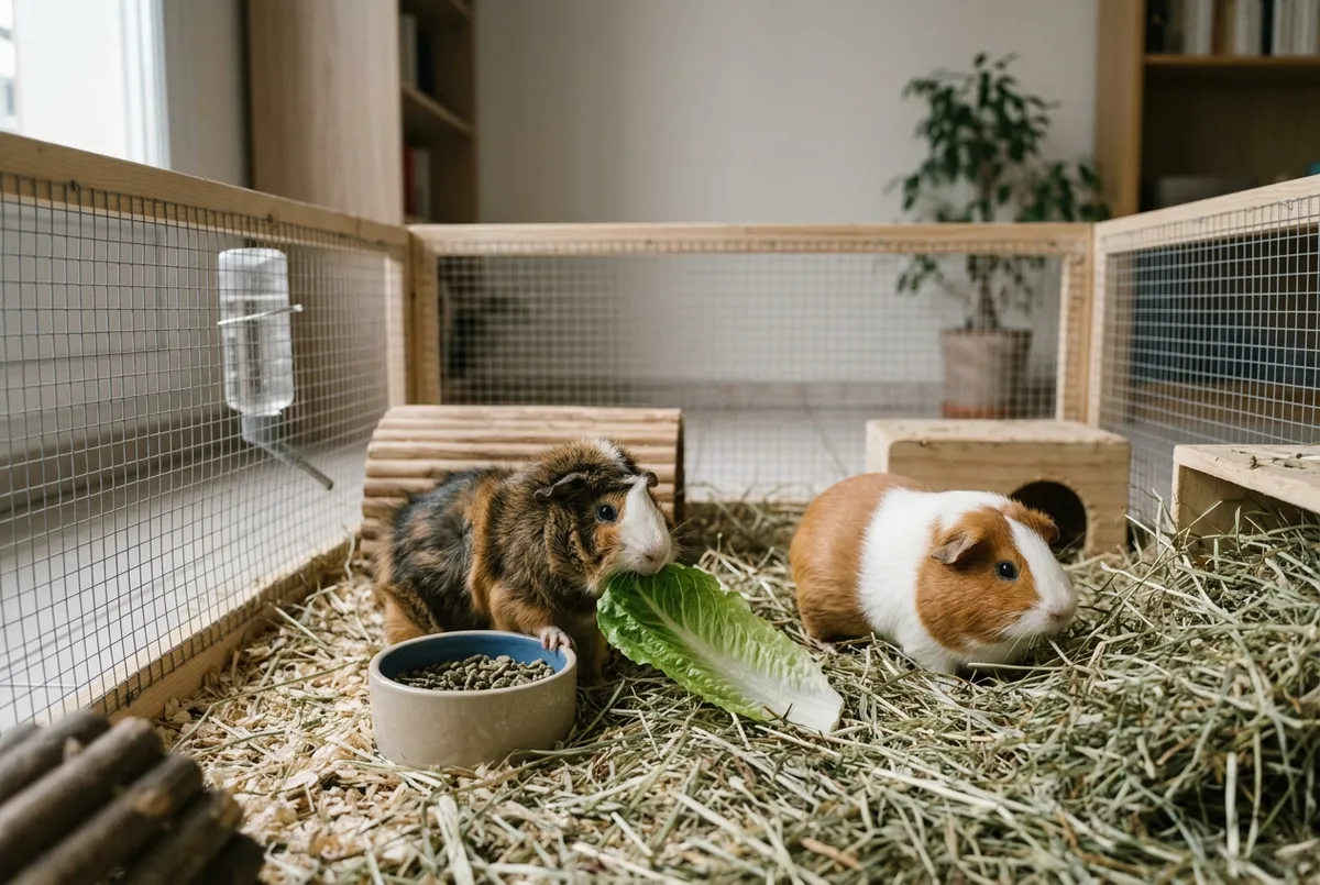 Deux cochons d’inde dans un enclos garni de foin, l’un mange une feuille de salade