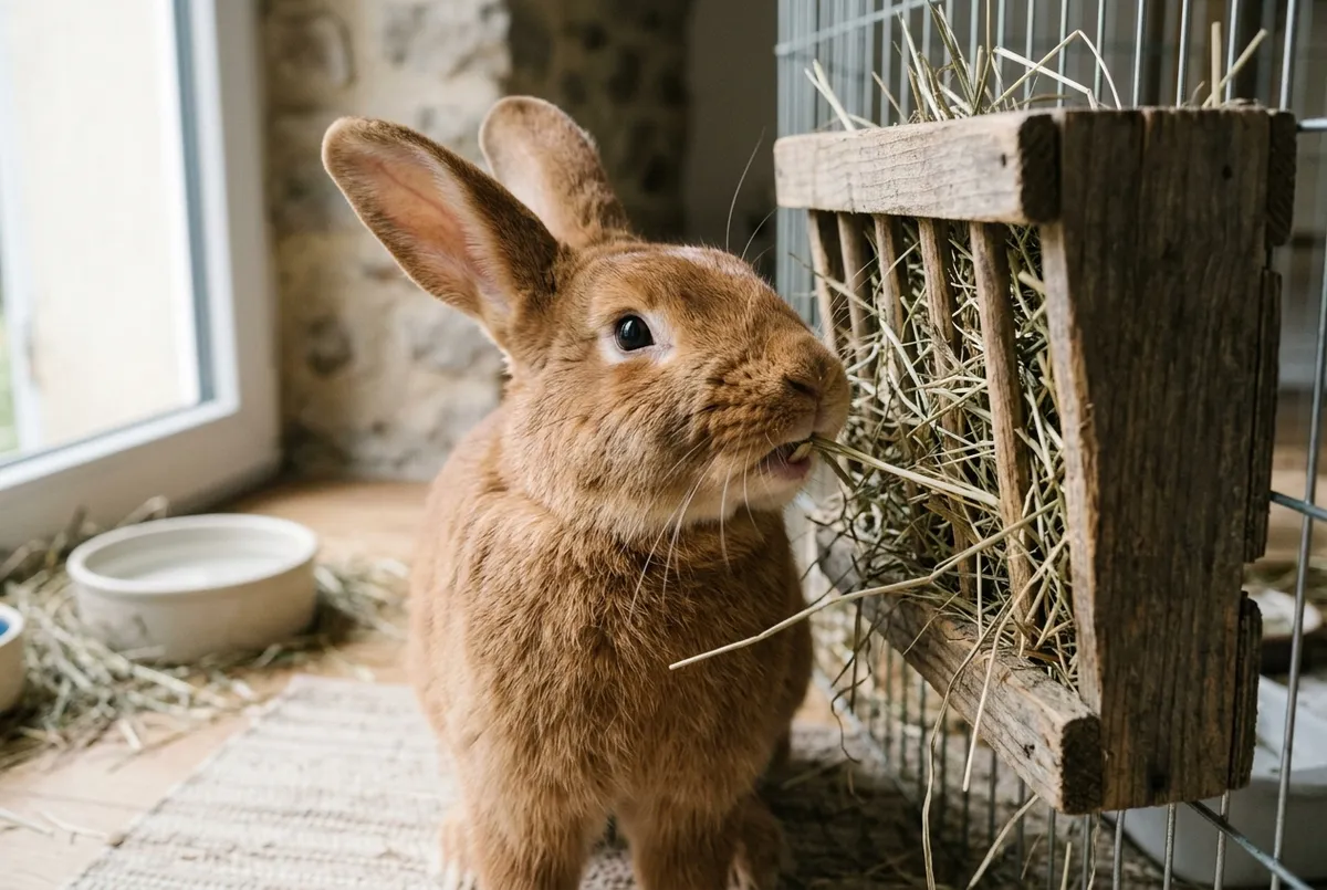 Lapin roux mangeant du foin dans un râtelier en bois