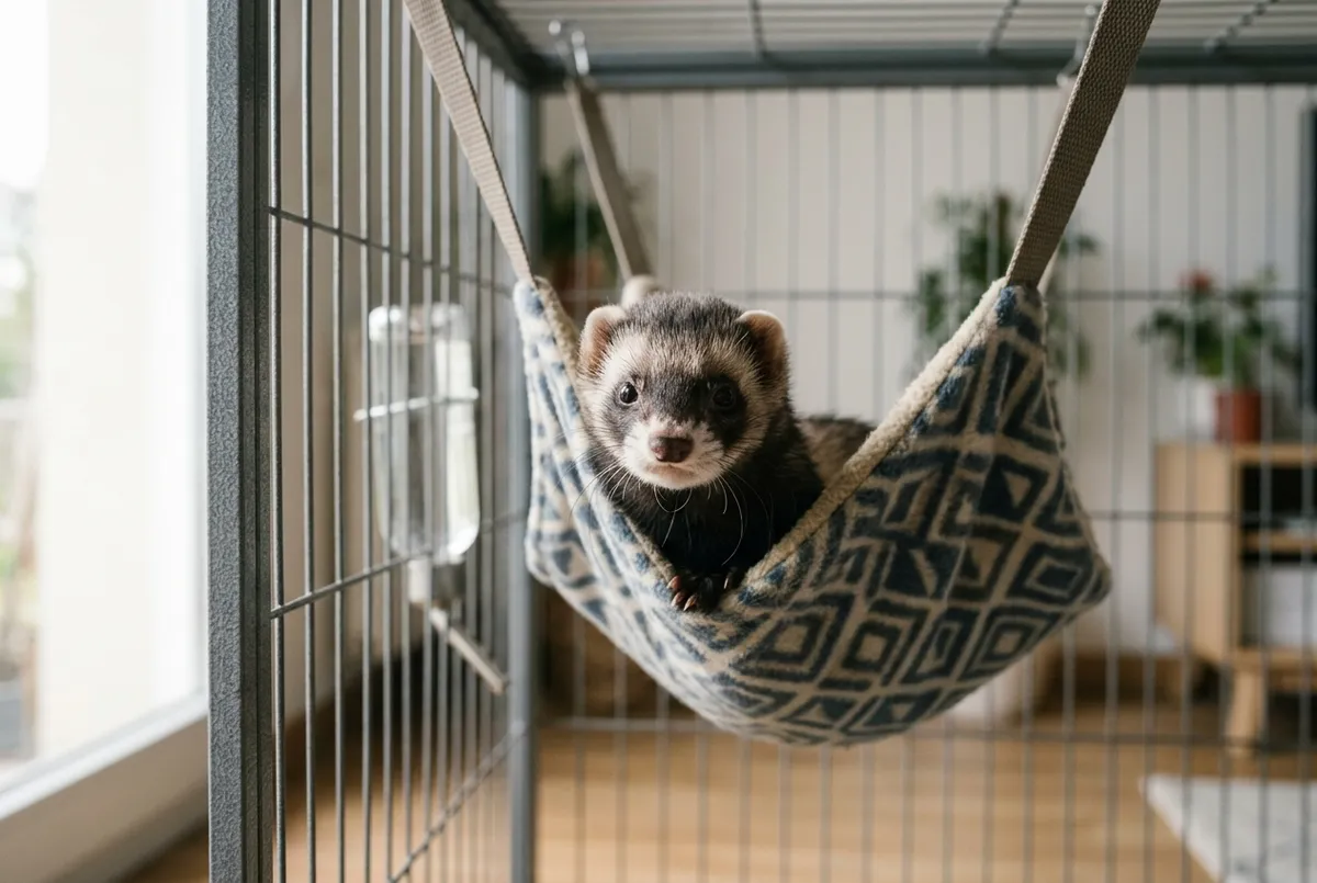 Furet à masque sombre sortant la tête d’un hamac en tissu dans une cage