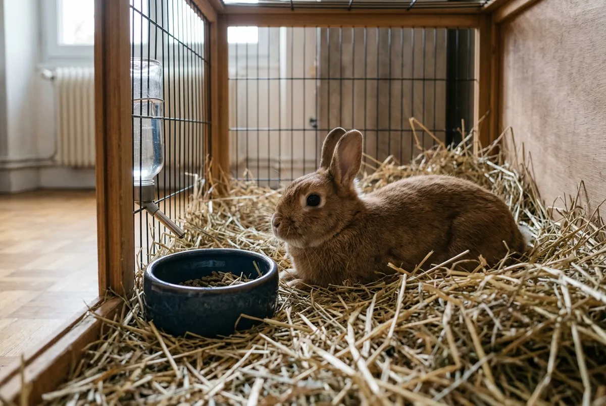 Lapin nain marron couché dans son enclos d’intérieur garni de foin