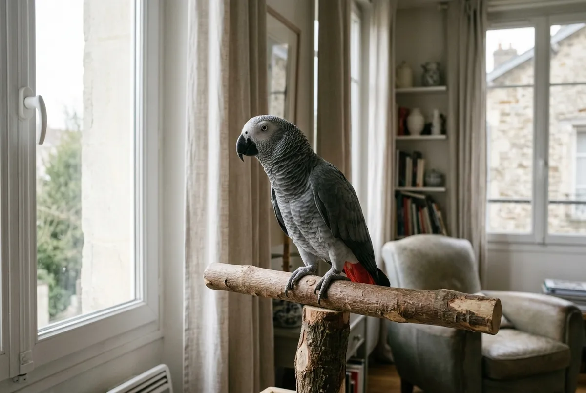 Perroquet gris du Gabon posé sur un perchoir en bois près d’une fenêtre